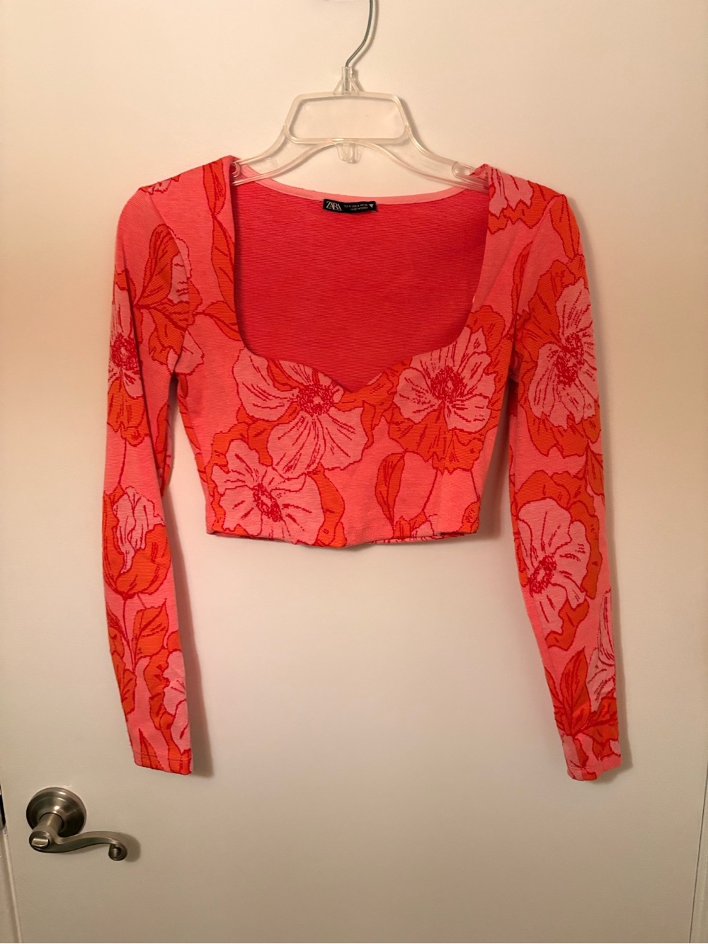 Zara Pink & Orange Floral Scoop-Neck Long-Sleeve Crop Top